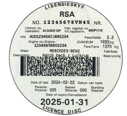 South African License Disk